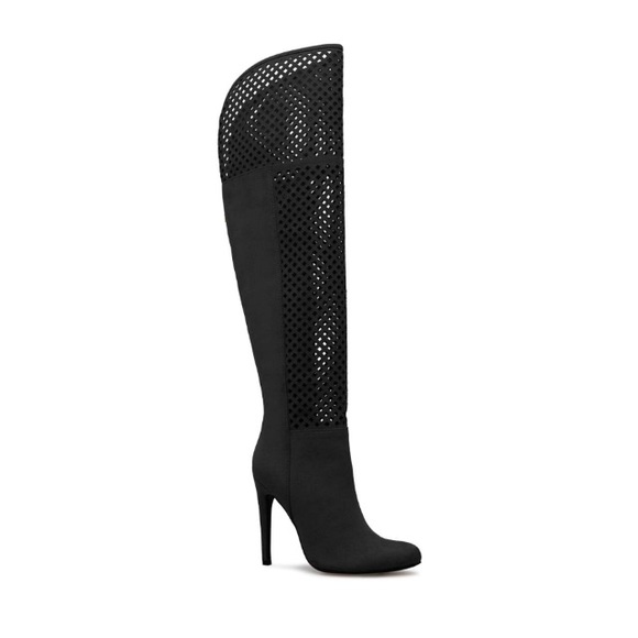 NIB Black Laser-cut Faux Suede Over The Knee Boots - Picture 9 of 12